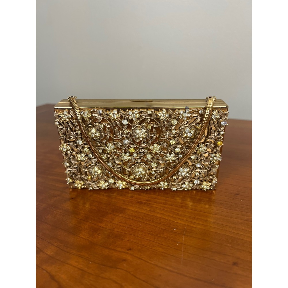 Vintage Evans 1940s Gold Filigree Rhinestone Carryall Minaudiere Clutch Bag